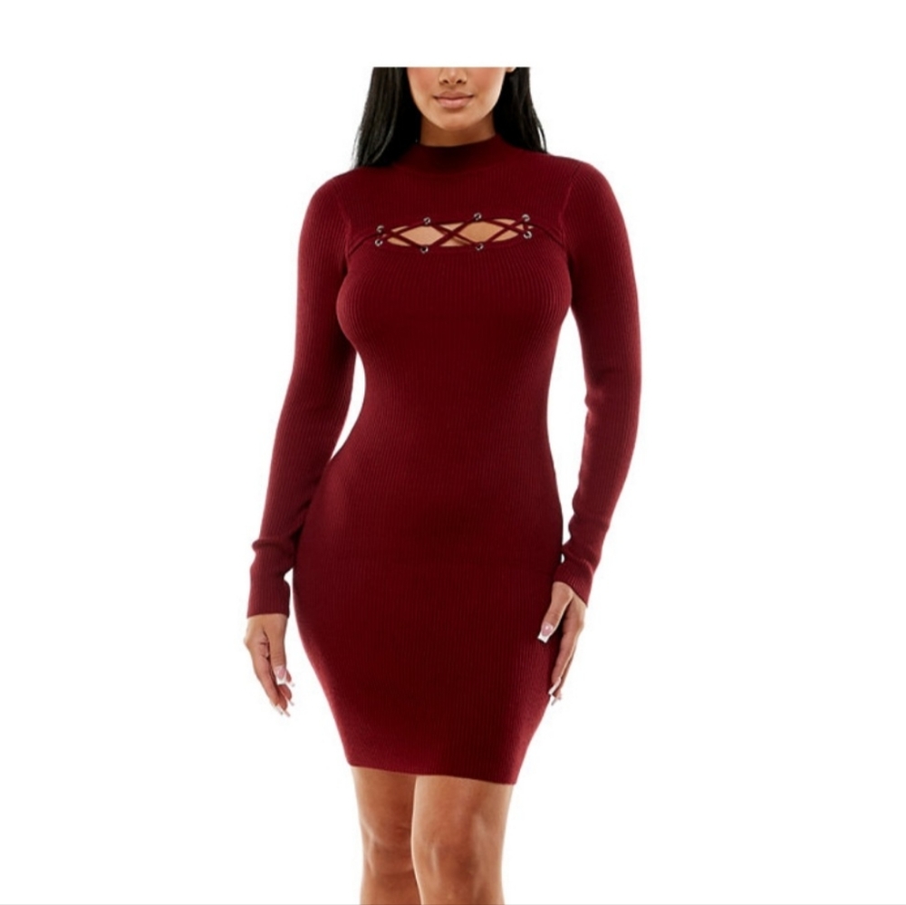 Planet Gold Juniors Ribbed Lace-Up Peekaboo Cutout Bodycon Dress